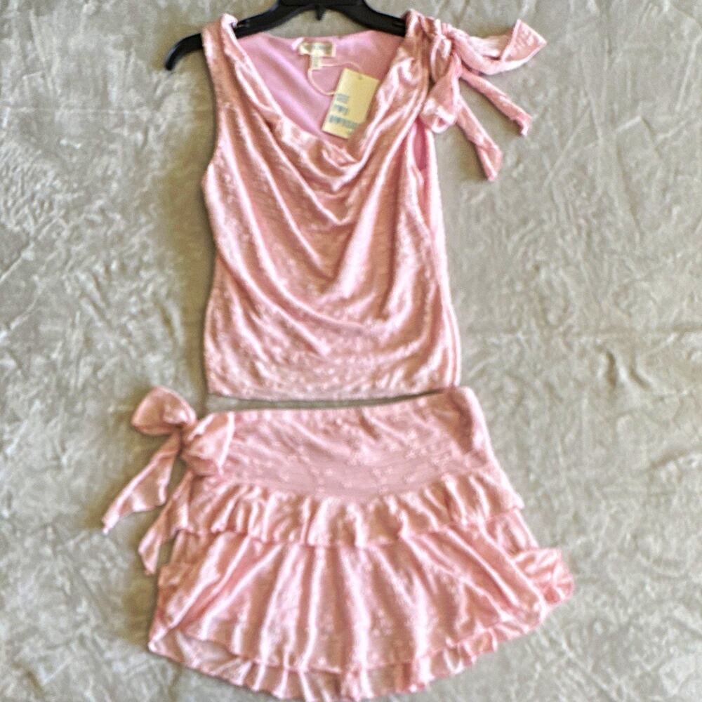 See You Monday NEW Women XL Pink Floral 2pc Sheer Lined Set Cowl Neck Bow Ruffle